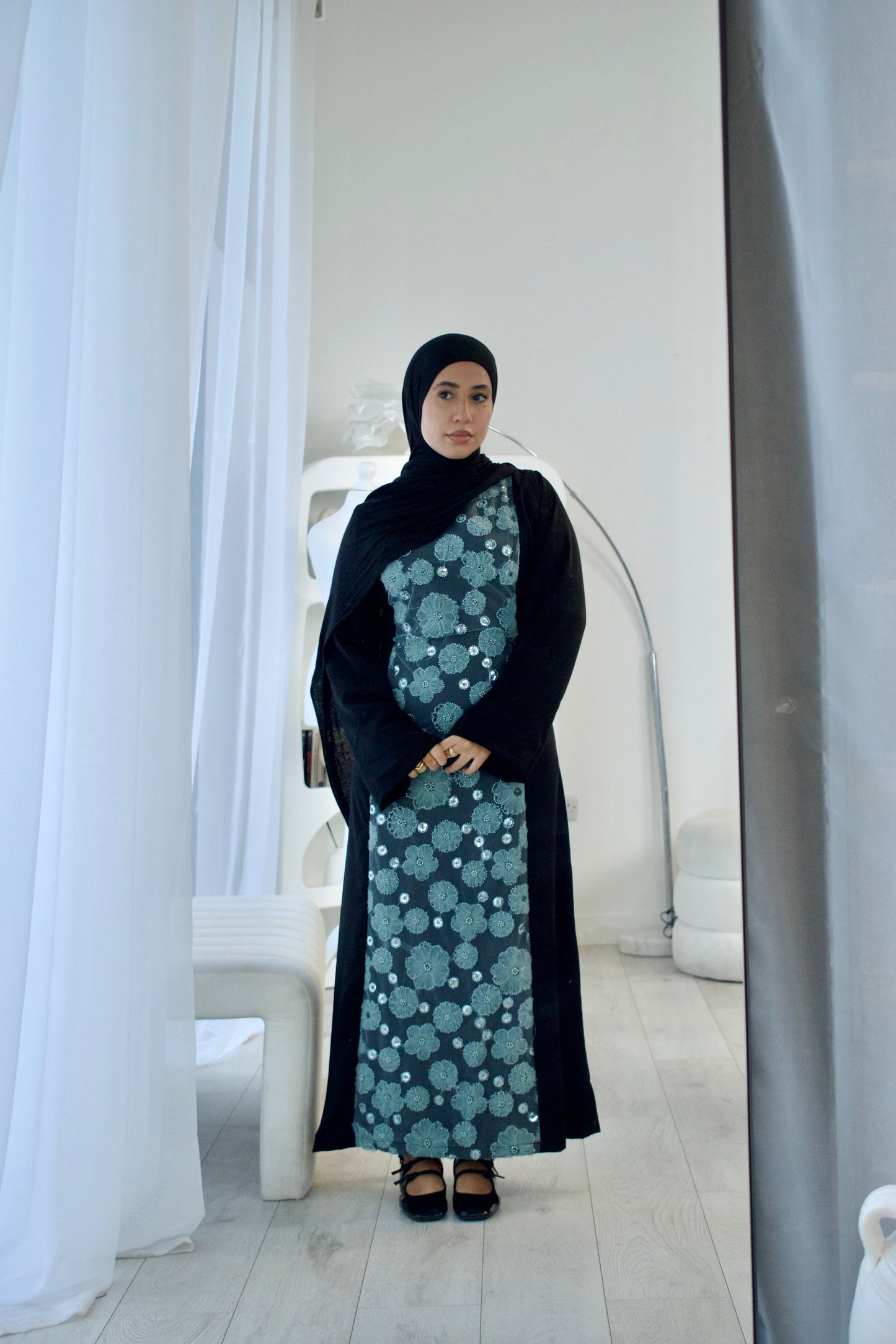 Layali Lace-Up Dress in Black & Teal