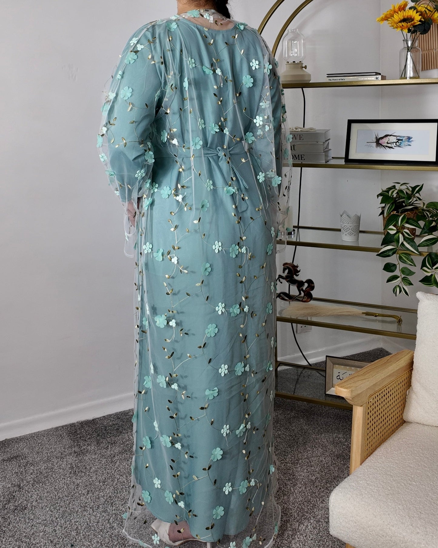 Dusty Aqua Embroidered abaya set