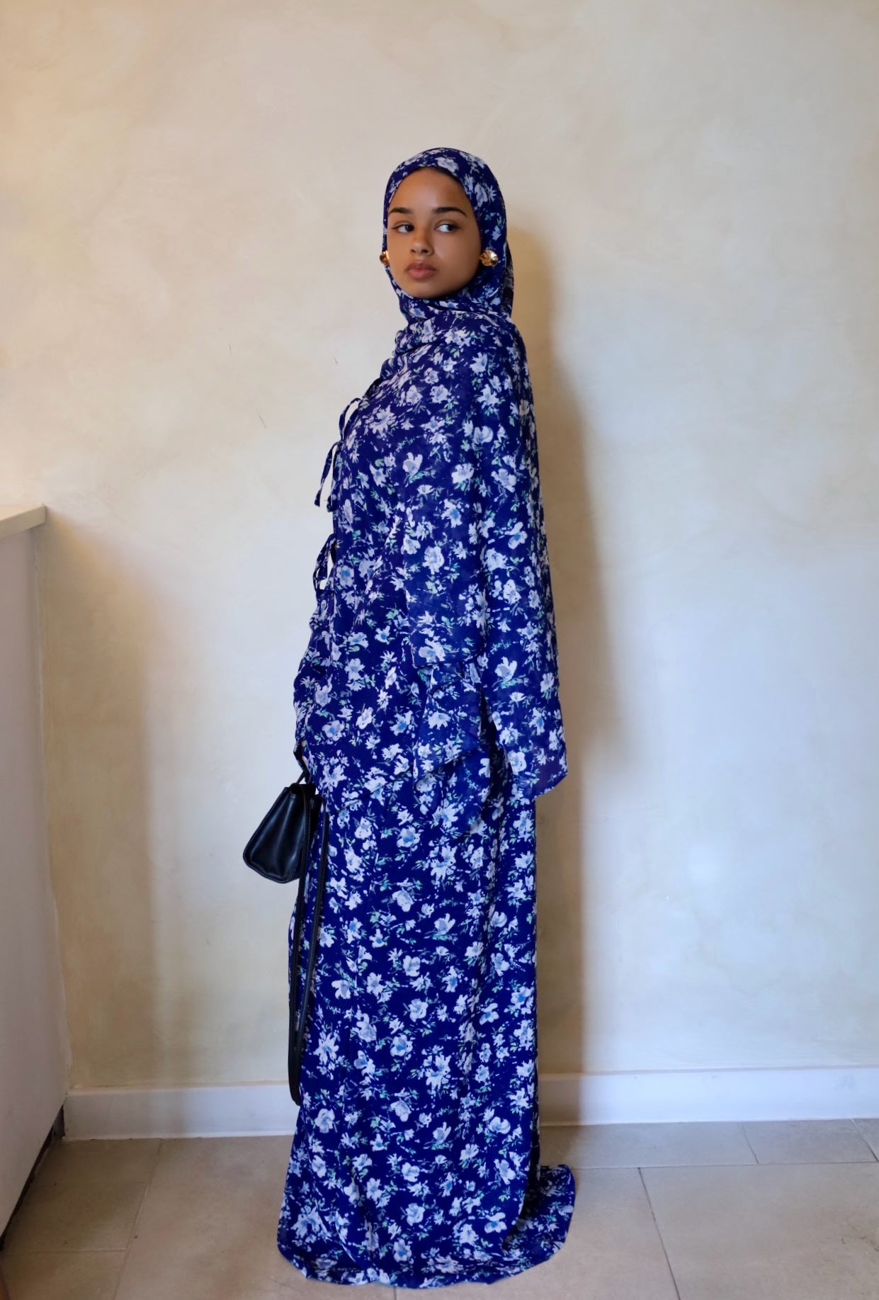 Eva - Navy Floral Tie-Abaya