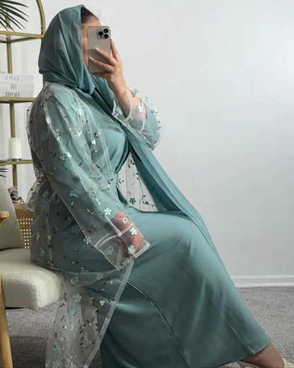 Dusty Aqua Embroidered abaya set
