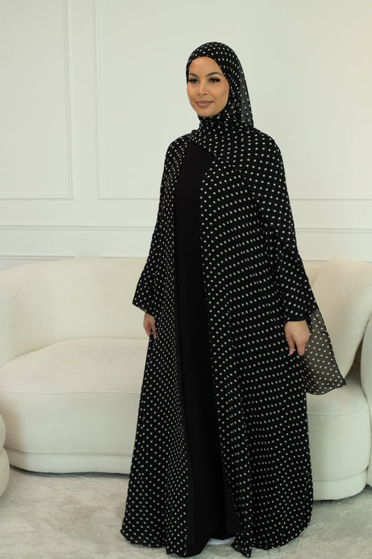 Safiya - Black Polka Dot Double-Lined Chiffon Abaya