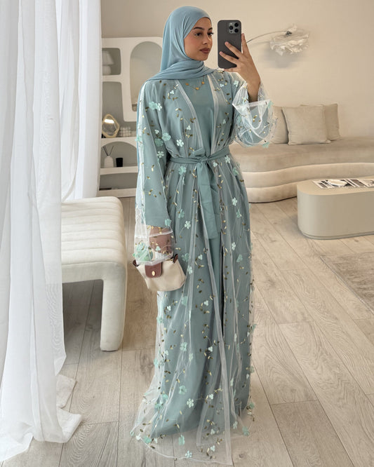 Dusty Aqua Embroidered abaya set