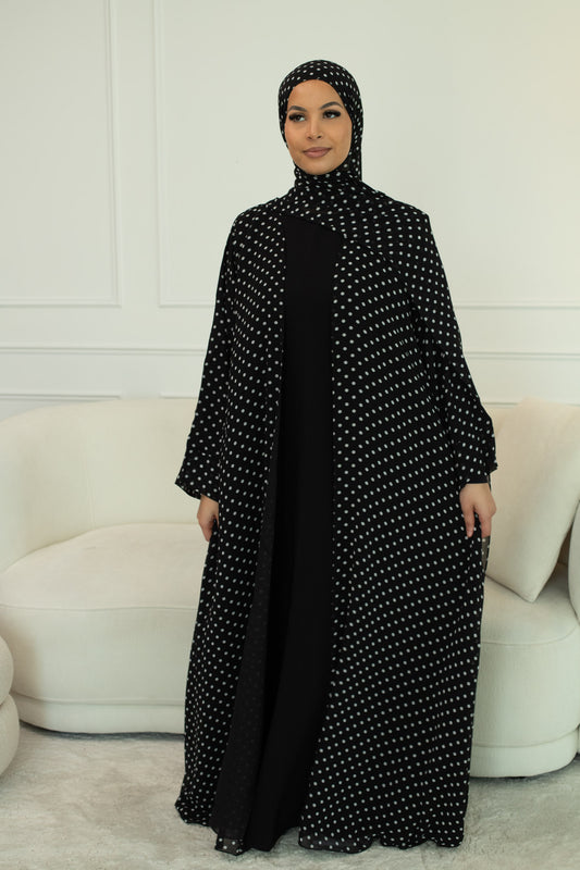 Safiya - Black Polka Dot Double-Lined Chiffon Abaya